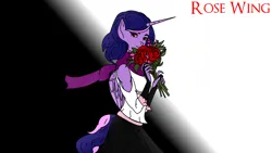 Size: 1920x1080 | Tagged: safe, artist:reaver arklight, derpibooru import, oc, oc:rose petal, oc:rose wing, unofficial characters only, alicorn, anthro, pony, alicorn oc, anthro oc, avatar, clothes, female, flower, folded wings, horn, image, mare, png, rose, simple background, solo, solo female, wings