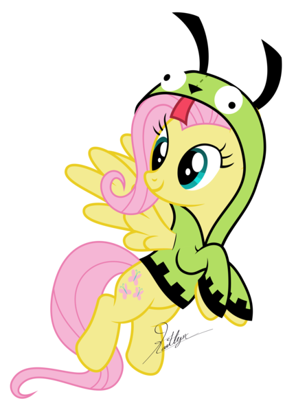 Size: 4000x5563 | Tagged: safe, derpibooru import, fluttershy, pegasus, antonymph, base used, clothes, fluttgirshy, flying, gir, hoodie, image, invader zim, png, raised hoof, simple background, transparent background, vector, vylet pony