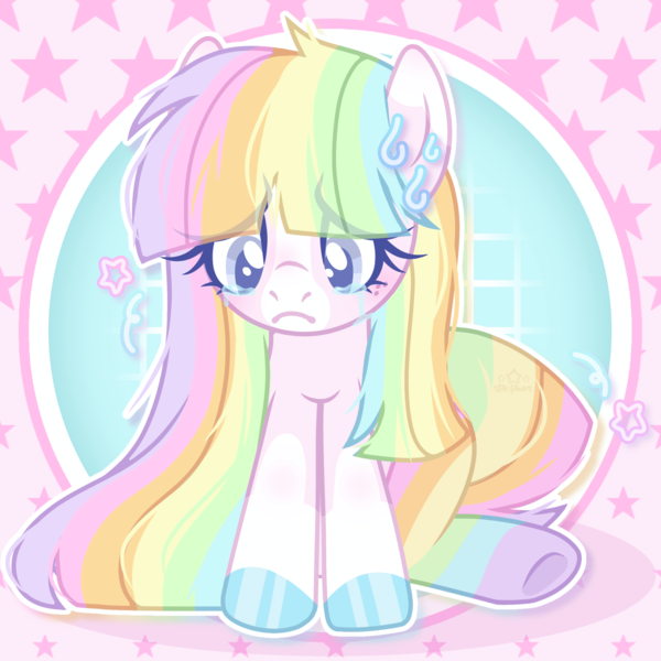 Size: 3374x3374 | Tagged: safe, artist:star.fawns, derpibooru import, oc, oc:aurora daydream, aurora daydream, crying, image, png, rainbow oc, rainbow pony, sad, sad eyes, sad pony, sfw