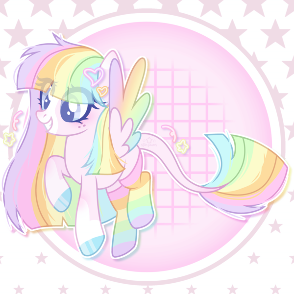 Size: 4712x4712 | Tagged: safe, artist:star.fawns, derpibooru import, oc, oc:aurora daydream, pegasus, pony, flying, happy, image, pegasus oc, png, rainbow pony, sfw, smiling, wings