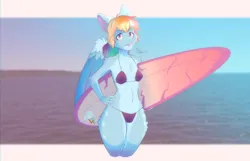 Size: 1816x1172 | Tagged: safe, artist:mooons, derpibooru import, rainbow dash, anthro, pegasus, :p, bikini, blushing, chest fluff, clothes, colored wings, countershading, cute, cute little fangs, ear fluff, eyebrows, eyebrows visible through hair, fangs, fluffy, hand on hip, image, looking at you, png, raspberry, real life background, shoulder fluff, solo, surfboard, swimsuit, tongue out, two toned wings, wings