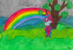 Size: 4468x3082 | Tagged: safe, artist:acid flask, derpibooru import, oc, oc:acid flask, unofficial characters only, unicorn, zebra, zebracorn, cloud, curved horn, grass, happy, hill, horn, image, long tail, orange eyes, painting, png, rain, rainbow, signature, smiling, tail, traditional art, tree, unicorn oc, watercolor painting, zebra oc