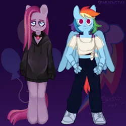Size: 1080x1080 | Tagged: safe, artist:vtya, derpibooru import, pinkie pie, rainbow dash, anthro, earth pony, pegasus, unguligrade anthro, blue coat, choker, clothes, eyebrows, eyelashes, eyeliner, female, hand on hip, heart, hoodie, image, jewelry, lidded eyes, makeup, midriff, multicolored hair, no pants, no pupils, pants, pink coat, pink hair, pink tail, pinkamena diane pie, png, rainbow hair, rainbow tail, shoes, sneakers, tail, tanktop