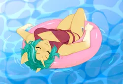 Size: 1171x802 | Tagged: safe, artist:bylullabysoft, derpibooru import, oc, oc:depth chaser, anthro, unicorn, breasts, cleavage, clothes, coat markings, eyebrows, eyelashes, eyes closed, floating, futa, green hair, horn, image, inner tube, intersex, legs together, orange coat, png, pool toy, relaxed, relaxing, short hair, sleeping, socks (coat marking), solo, swimsuit, unicorn horn, water