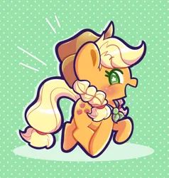 Size: 1863x1959 | Tagged: safe, artist:typhwosion, derpibooru import, applejack, earth pony, pony, blushing, braid, braided pigtails, chibi, g4, image, open mouth, open smile, patterned background, pigtails, png, smiling, solo, starry eyes, wingding eyes