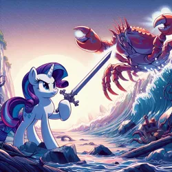 Size: 1024x1024 | Tagged: safe, derpibooru import, machine learning generated, rarity, crab, giant crab, ai content, fierce, generator:dall-e 3, image, jpeg, ocean, rarity fighting a giant crab, sword, water, weapon