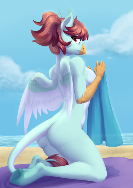 Size: 2048x2900 | Tagged: questionable, alternate version, artist:nika-rain, derpibooru import, oc, unofficial characters only, hippogriff, beach, beautiful, commission, cute, female, hippogriff oc, image, nude version, nudity, png, solo, ych result, your character here