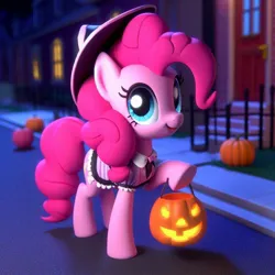 Size: 1024x1024 | Tagged: safe, derpibooru import, machine learning generated, pinkie pie, earth pony, ai content, clothes, costume, female, halloween, halloween costume, holiday, image, jpeg, prompter:pinkiepiepics, pumpkin, pumpkin bucket, solo