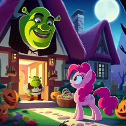 Size: 1024x1024 | Tagged: safe, derpibooru import, machine learning generated, pinkie pie, earth pony, ogre, pony, ai content, basket, dreamworks, female, halloween, holiday, house, image, jpeg, male, night, prompter:pinkiepiepics, pumpkin, shrek, trick or treat