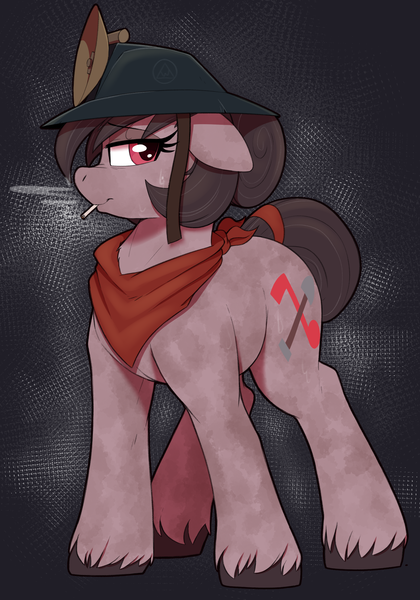 Size: 1400x2000 | Tagged: safe, artist:thebatfang, ponerpics import, oc, oc:number nine, earth pony, pony, cigarette, female, helmet, image, mare, miner, mining helmet, neckerchief, png, simple background, smoking, solo, sweat, tail wrap, tired eyes, unshorn fetlocks