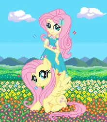 Size: 750x850 | Tagged: safe, artist:gonicfanfic, derpibooru import, fluttershy, butterfly, insect, equestria girls, flower, image, looking at you, pixel art, png, smiling, smiling at you