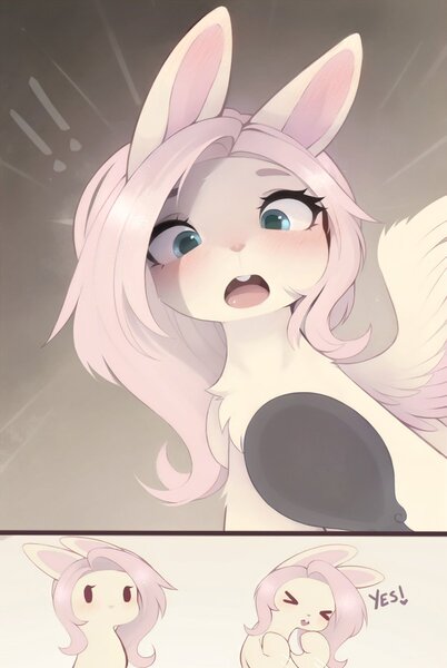 Size: 803x1200 | Tagged: safe, artist:magnaluna, derpibooru import, fluttershy, pegasus, rabbit, animal, bunnyshy, cute, happy, image, jpeg, mirror, solo, surprised, white coat, yes