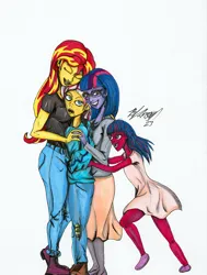 Size: 781x1031 | Tagged: safe, artist:masterdarhil, derpibooru import, sci-twi, sunset shimmer, twilight sparkle, oc, oc:aurora shimmer, oc:sunna sparkle, equestria girls, eyeroll, family, fanfic art, female, group hug, hug, image, jpeg, lesbian, magical lesbian spawn, marker drawing, married couple, offspring, parent:sci-twi, parent:sunset shimmer, parents:scitwishimmer, ship:sci-twishimmer, shipping, smiling, sunsetsparkle, traditional art