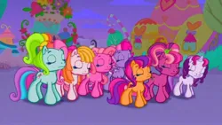 Size: 1280x720 | Tagged: safe, derpibooru import, screencap, cheerilee, cheerilee (g3), pinkie pie, pinkie pie (g3), rainbow dash, rainbow dash (g3), scootaloo, scootaloo (g3), starsong, sweetie belle, sweetie belle (g3), toola roola, g3, twinkle wish adventure, core seven, cutie mark, eyes closed, g3.5, hair, image, jpeg, night, night sky, pigtails, sky, tail, toola-roola