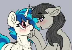 Size: 1273x890 | Tagged: safe, artist:reddthebat, derpibooru import, octavia melody, vinyl scratch, earth pony, pony, unicorn, bedroom eyes, blush lines, blushing, ear fluff, eyebrows, eyebrows visible through hair, female, floppy ears, frog (hoof), gray background, hoof on chin, hoofbutt, image, lesbian, looking at each other, looking at someone, mare, missing accessory, no glasses, open mouth, open smile, png, scratchtavia, shipping, simple background, smiling, underhoof