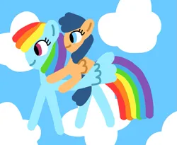 Size: 791x648 | Tagged: safe, artist:maggiethegoldenstarponyfan36, derpibooru import, first base, rainbow dash, pegasus, pony, adorabase, cloud, cloudy, cute, dashabetes, duo, female, filly, first base riding rainbow dash, flying, foal, g4, image, mare, no nose, pegasus first base, png, ponies riding ponies, race swap, rainbow dash can fly, riding, sky, spread wings, tomboy, wings