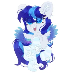 Size: 2500x2500 | Tagged: safe, artist:medkit, derpibooru import, oc, oc:snowflake flower, unofficial characters only, pegasus, pony, accessory, blue eyes, blue mane, blue tail, cel shading, chest fluff, chibi, clothes, colored eyebrows, colored eyelashes, colored lineart, colored pupils, colored wings, ear fluff, ears up, eye clipping through hair, eyebrows, eyebrows visible through hair, eyes open, feathered wings, female, fringe, full body, gradient wings, high res, image, lightly watermarked, long mane, long tail, looking at something, mare, multicolored wings, open mouth, open smile, paint tool sai 2, pegasus oc, png, shading, shoulder fluff, signature, simple background, smiling, snow, snowflake, socks, solo, spread wings, striped socks, tail, teeth, tongue out, two toned mane, two toned tail, wall of tags, watermark, white background, wingding eyes, wings