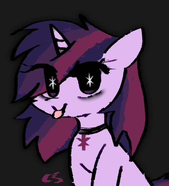 Size: 878x970 | Tagged: safe, artist:cutiesparke, derpibooru import, twilight sparkle, pony, unicorn, :p, alternate hairstyle, bags under eyes, choker, collar, dark background, eye clipping through hair, female, image, looking at you, mane swap, png, sitting, tongue out, unicorn twilight, wingding eyes