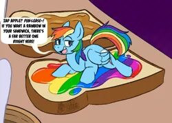 Size: 700x500 | Tagged: safe, derpibooru import, rainbow dash, pegasus, pony, apple, bread, dialogue, food, foodplay, image, imminent vore, jam, peanut butter, png, smiling, solo, tiny, tiny ponies, toast, zap apple, zap apple jam