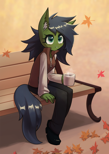 Size: 1000x1407 | Tagged: safe, artist:howxu, derpibooru import, oc, oc:gray hat, unofficial characters only, anthro, anthro oc, bench, commission, image, leaves, mug, png, solo