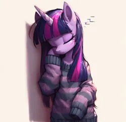Size: 2048x1985 | Tagged: safe, derpibooru import, machine learning generated, twilight sparkle, unicorn, ai content, clothes, generator:bing image creator, image, leaning on wall, png, sleeping, solo, sweater