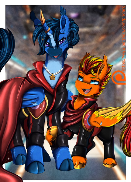 Size: 2451x3409 | Tagged: safe, artist:pridark, derpibooru import, oc, oc:fireheart(fire), oc:queen lunaris, alicorn, bat pony, bat pony alicorn, bat pony oc, bat wings, cape, clothes, fireheart76's latex suit design, horn, image, latex, latex suit, png, prisoners of the moon, rubber, rubber suit, wings