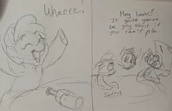 Size: 2048x1326 | Tagged: safe, artist:pony quarantine, derpibooru import, oc, oc:dyx, unofficial characters only, alicorn, pony, 2 panel comic, bottle, comic, dialogue, drawn together, female, filly, foal, grayscale, image, jpeg, monochrome, pencil drawing, spin the bottle, traditional art, trio