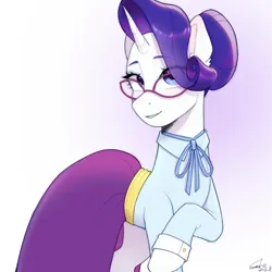 Size: 2048x2048 | Tagged: safe, artist:xiaowu07, derpibooru import, rarity, pony, unicorn, school daze, clothes, dress, eyeshadow, female, glasses, image, looking at you, makeup, mare, png, schoolmarm rarity, simple background, smiling, solo