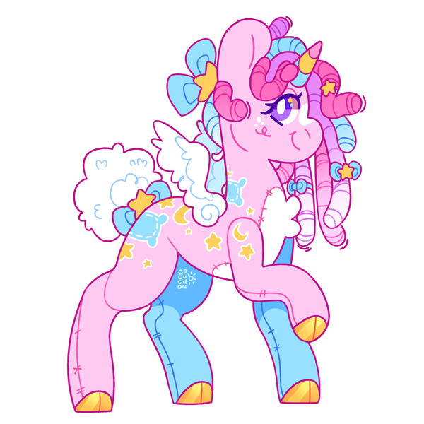 Size: 2500x2500 | Tagged: safe, artist:cocopudu, derpibooru import, oc, oc:wishful dreaming, unofficial characters only, alicorn, original species, plush pony, pony, bow, chest fluff, cloven hooves, dreadlocks, female, image, jpeg, looking at you, mare, neopronouns, plushie, simple background, smiling, smiling at you, solo, tail, tail bow, white background