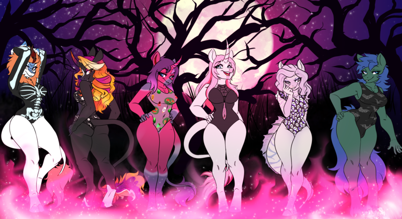 Size: 2924x1596 | Tagged: suggestive, artist:kennzeichen, derpibooru import, oc, oc:aphra mzimo, oc:elemental blast, oc:jeanne garnet, oc:jeanne geld, oc:rosie quartz, oc:tankett venter, unofficial characters only, anthro, kirin, sea pony, unguligrade anthro, unicorn, anthro oc, ass, bikini, breasts, butt, clothes, commission, crotch bulge, female, full moon, futa, halloween, halloween 2023, holiday, horn, image, intersex, kirin oc, leonine tail, moon, nightmare night, nightmare night 2023, png, rear view, smiling, swimsuit, tail, tree, unicorn oc