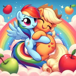 Size: 1024x1024 | Tagged: safe, artist:i-shooped-a-pwny, derpibooru import, editor:i-shooped-a-pwny, machine learning generated, applejack, rainbow dash, ai content, apple, applebetes, cute, food, generator:bing image creator, hug, image, png, prompter:i-shooped-a-pwny, rainbow