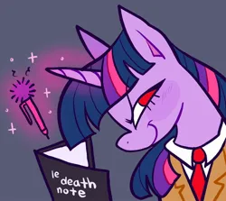 Size: 2048x1824 | Tagged: safe, artist:alexbeeza, derpibooru import, twilight sparkle, pony, unicorn, death note, female, image, jpeg, magic, mare, red eyes, smiling, solo