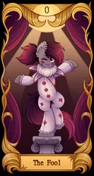 Size: 2500x4710 | Tagged: safe, artist:madelinne, derpibooru import, oc, oc:madelinne, unofficial characters only, earth pony, clothes, clown, earth pony oc, image, png, solo, stage, tarot, tarot card