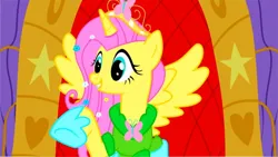 Size: 1056x594 | Tagged: artist needed, safe, derpibooru import, edit, edited screencap, screencap, fluttershy, alicorn, pony, magical mystery cure, alicornified, big crown thingy, character swap, element of kindness, element of magic, female, fluttercorn, image, jewelry, jpeg, mare, princess fluttershy, race swap, regalia, solo