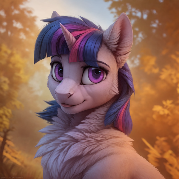 Size: 1632x1632 | Tagged: safe, derpibooru import, machine learning generated, twilight sparkle, pony, unicorn, ai content, bust, chest fluff, derpibooru exclusive, fluffy, generator:queasyfluff, image, looking at you, png, portrait, prompter:aiponyanon, solo