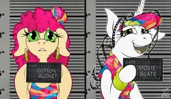 Size: 2500x1450 | Tagged: safe, artist:jamescorck, derpibooru import, oc, oc:cotton bucket, oc:movie slate, unofficial characters only, earth pony, pony, unicorn, barbie mugshot meme, cap, commission, duo, female, floppy ears, hat, hoof hold, image, looking at you, mare, meme, mugshot, open mouth, open smile, png, sign, smiling, smiling at you, visor cap