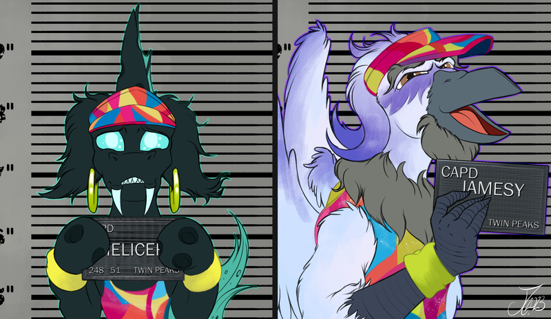 Size: 2500x1450 | Tagged: safe, artist:jamescorck, derpibooru import, oc, oc:chelicera, oc:jamesy, unofficial characters only, changeling, gryphon, barbie mugshot meme, changeling oc, commission, duo, ear piercing, earring, griffon oc, hoof hold, hooped earrings, image, jewelry, male, meme, mugshot, piercing, png, sign, visor cap