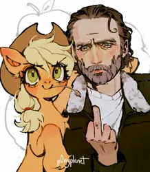 Size: 1784x2048 | Tagged: safe, artist:p0nyplanet, derpibooru import, applejack, earth pony, human, pony, crossover, duo, female, hoof around neck, human male, image, jpeg, looking at you, male, mare, middle finger, rick grimes, signature, simple background, smiling, smiling at you, straw in mouth, the walking dead, vulgar, white background