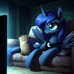 Size: 1024x1024 | Tagged: safe, derpibooru import, machine learning generated, princess luna, alicorn, pony, ai content, couch, dark room, female, food, generator:dall-e 3, image, jpeg, luna eats oats, lying down, mare, oats, prompter:k.r.e.d.k.e, solo, spread wings, television, wings