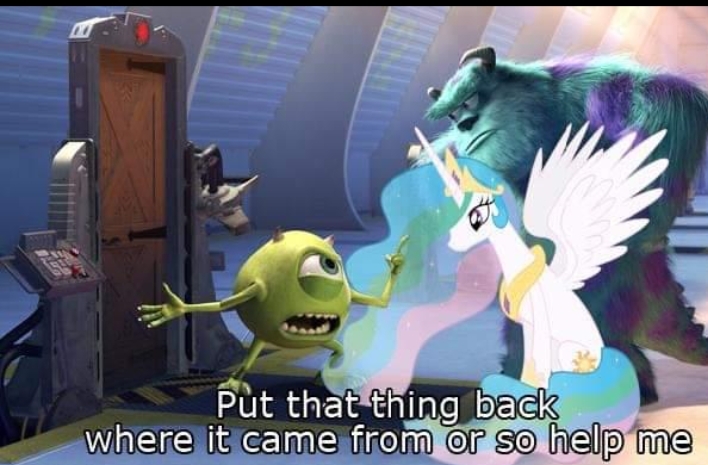 Size: 708x465 | Tagged: safe, derpibooru import, princess celestia, crossover, image, james p. sullivan, jpeg, meme, mike wazowski, monsters inc., text, trio