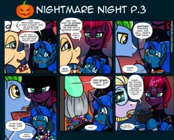 Size: 3508x2834 | Tagged: safe, artist:dsana, derpibooru import, fizzlepop berrytwist, tempest shadow, oc, oc:lullaby dusk, earth pony, pegasus, pony, unicorn, comic:a storm's lullaby, female, filly, foal, image, male, mare, nightmare night, png, stallion