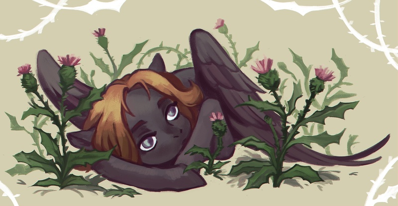 Size: 2000x1035 | Tagged: safe, artist:weird--fish, derpibooru import, oc, oc:fractal, unofficial characters only, pegasus, pony, flower, image, jpeg, lying down, prone, solo, thistle