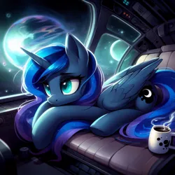 Size: 1024x1024 | Tagged: safe, derpibooru import, machine learning generated, princess luna, alicorn, pony, ai content, drink, ethereal mane, ethereal tail, female, image, jpeg, lying down, mare, mug, planet, solo, space, spaceship, tail