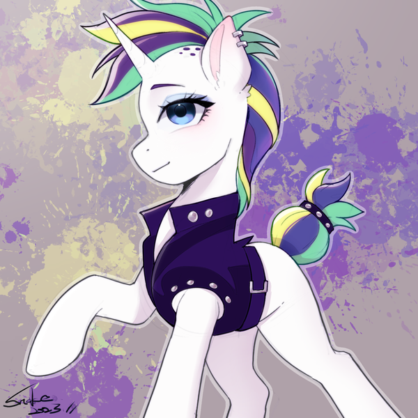 Size: 2048x2048 | Tagged: safe, artist:xiaowu07, derpibooru import, rarity, pony, unicorn, it isn't the mane thing about you, alternate hairstyle, clothes, female, image, looking at you, mare, png, punk, raripunk, smiling, solo