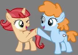 Size: 930x654 | Tagged: safe, artist:star polaris and friends, derpibooru import, ginger tea, earth pony, pony, base used, cute, derpibooru exclusive, duo, female, filly, filly pixy canela, foal, gingerbetes, gray background, hoofbump, image, older ginger tea, one eye closed, pixy canela, pixybetes, png, simple background, smiling, wink