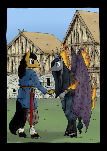 Size: 905x1280 | Tagged: safe, artist:darkhestur, derpibooru import, oc, oc:dark, anthro, bat pony, earth pony, pony, anthro oc, baldric, bandage, bat pony oc, bat wings, boots, bracelet, clothes, digitally colored, earth pony oc, fire, folded wings, handshake, horseshoes, houses, image, ink, jacket, jewelry, leather, leather jacket, looking at each other, looking at someone, monochrome, on fire, pants, png, ring, scabbard, shirt, shoes, sword, t-shirt, timber frame, traditional art, tunic, weapon, wings