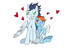 Size: 991x720 | Tagged: safe, artist:dasher666, artist:rainbow-deathblow, derpibooru import, edit, rainbow dash, soarin', pegasus, pony, female, hug, image, male, mare, png, shipping, simple background, soarindash, stallion, straight, white background, winghug, wings