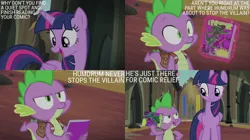 Size: 2000x1123 | Tagged: safe, derpibooru import, edit, edited screencap, editor:quoterific, screencap, spike, twilight sparkle, twilight sparkle (alicorn), alicorn, power ponies (episode), backpack, castle of the royal pony sisters, comic book, image, jpeg