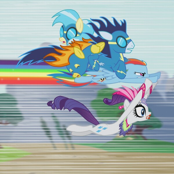 Size: 1440x1440 | Tagged: safe, derpibooru import, official, screencap, misty fly, rainbow dash, rarity, soarin', spitfire, pegasus, pony, unicorn, season 1, sonic rainboom (episode), animation error, clothes, cropped, eyes closed, female, flying, frown, g4, goggles, image, jpeg, male, mare, open mouth, spread wings, stallion, uniform, wings, wonderbolts uniform