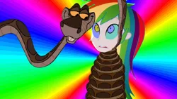 Size: 1024x576 | Tagged: safe, artist:reforgediron, derpibooru import, rainbow dash, human, snake, equestria girls, female, hypno dash, hypno eyes, hypnosis, hypnotized, image, jpeg, kaa, kaa eyes, male, rainbow background, story included, wrapped up